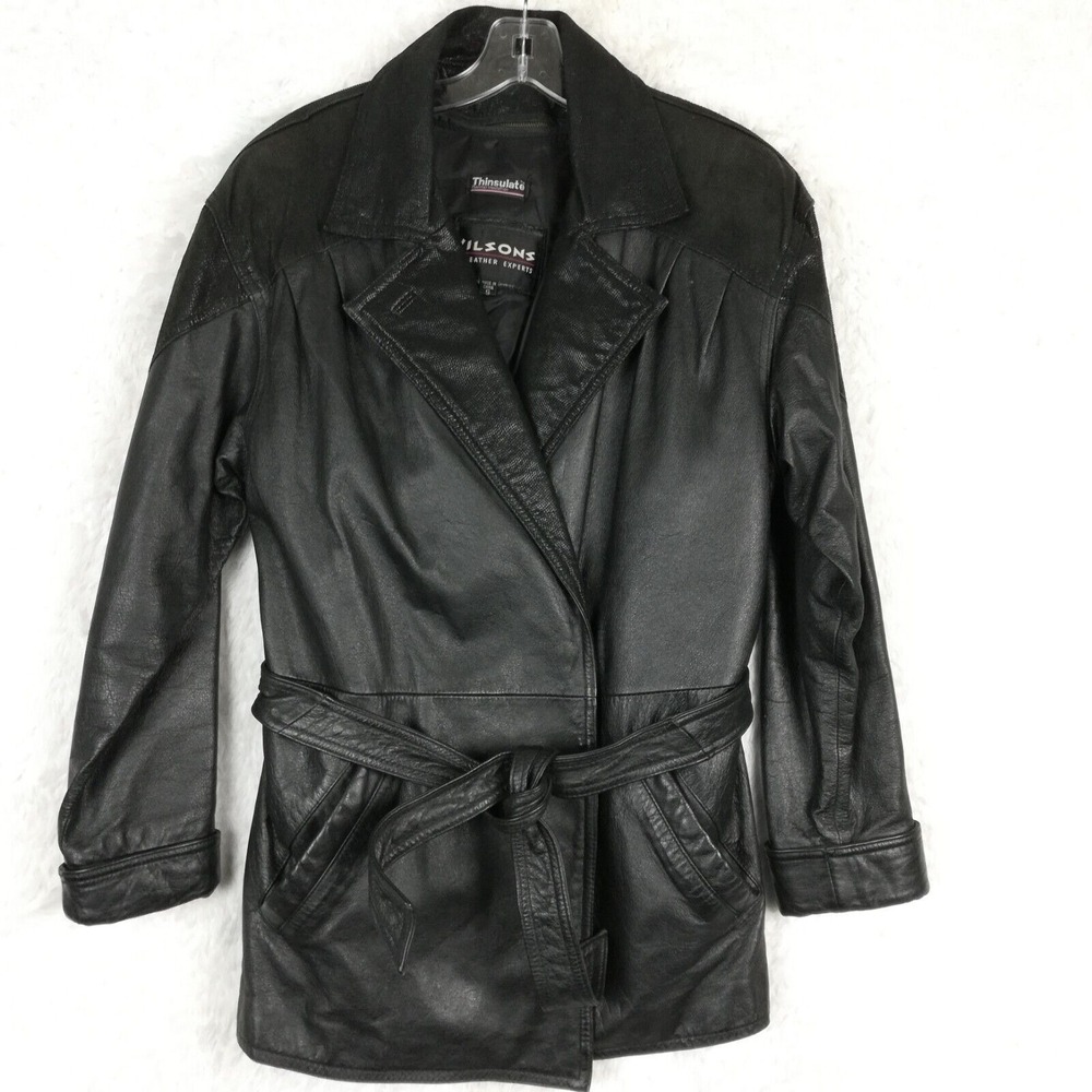 Vtg Wilsons Womens‎ Leather Jacket Belted Black Thinsulate Lined Pebble S